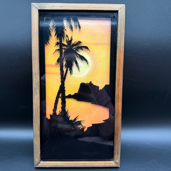 Vintage Reverse Glass Palm Tree Sunset Wall Art Framed Silhouette Print - Picture 1 of 5
